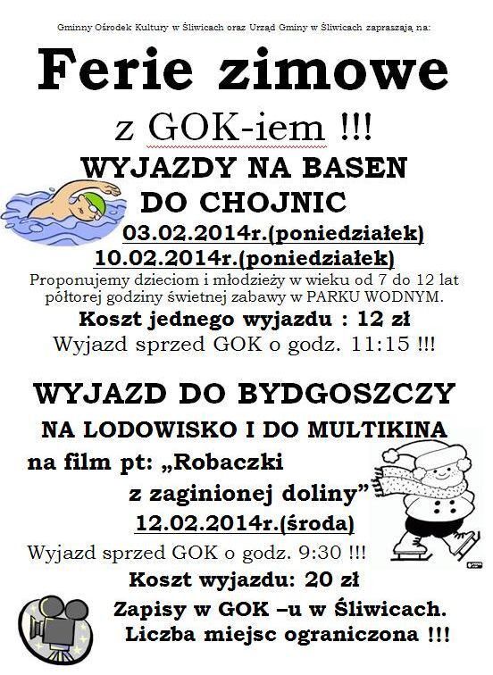 Ferie GOK Śliwice 2014 plakat