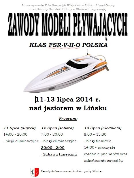 Zawody Modeli Pływających Lińsk 11-13.07.2014 plakat