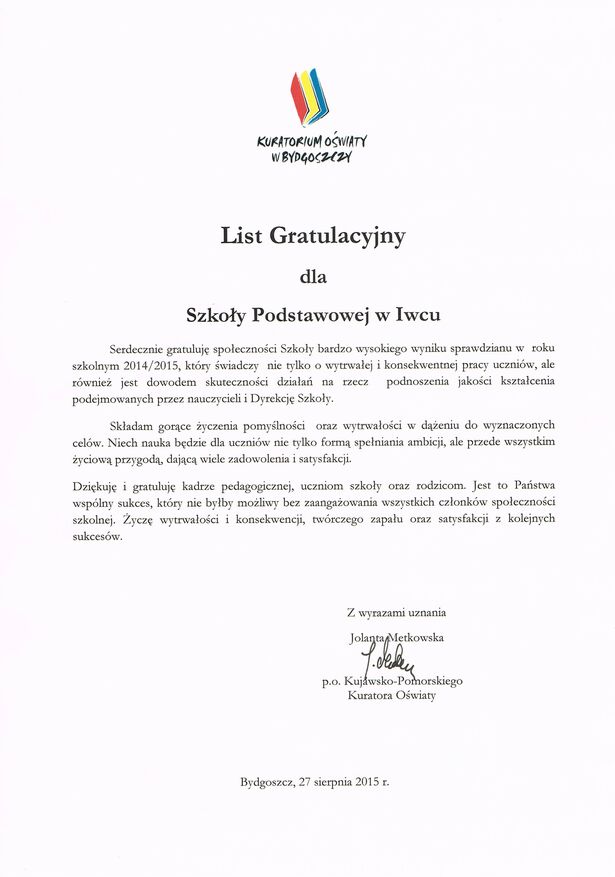 List gratulacyjny dla SP Iwiec z Kuratorium Oświaty w Bydgoszczy