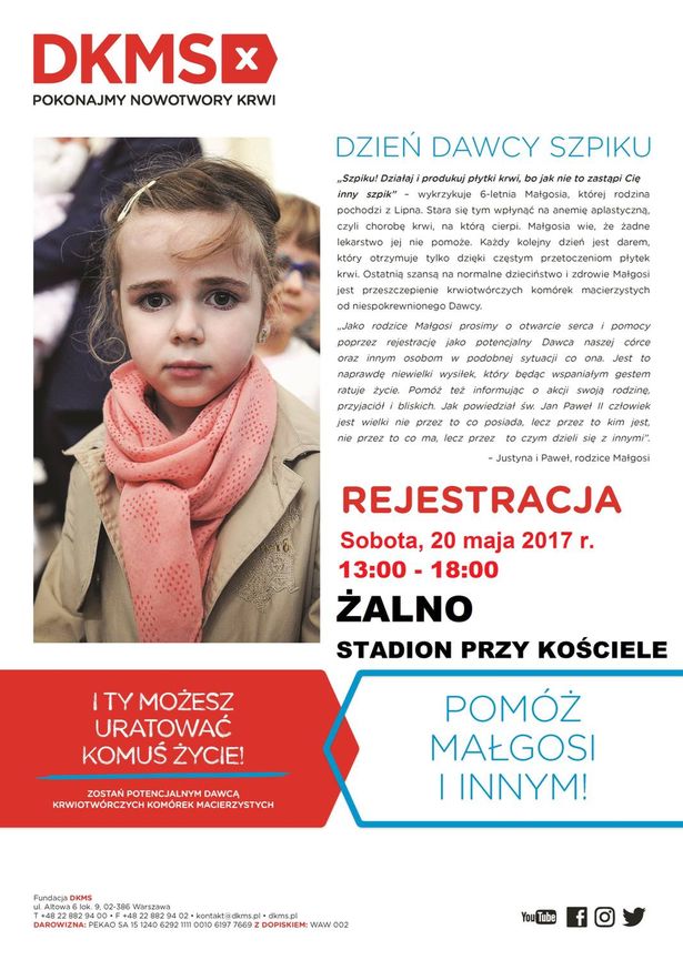 Małgosia DKMS Żalno 20.05.2017 plakat